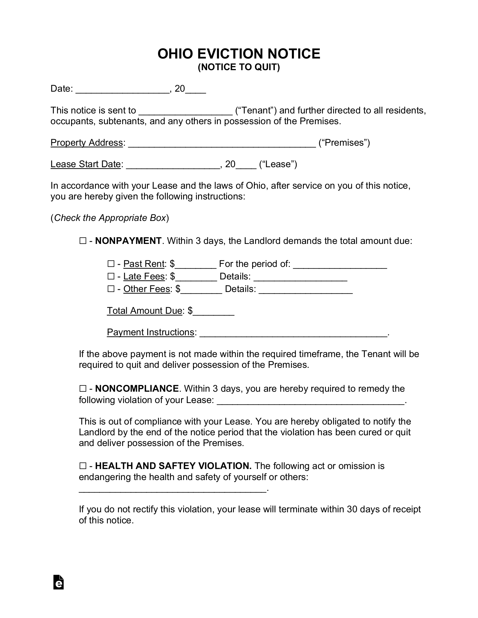 Free Ohio Eviction Notice Forms (4) - Pdf | Word – Eforms intended for Free Printable Eviction Notice Ohio