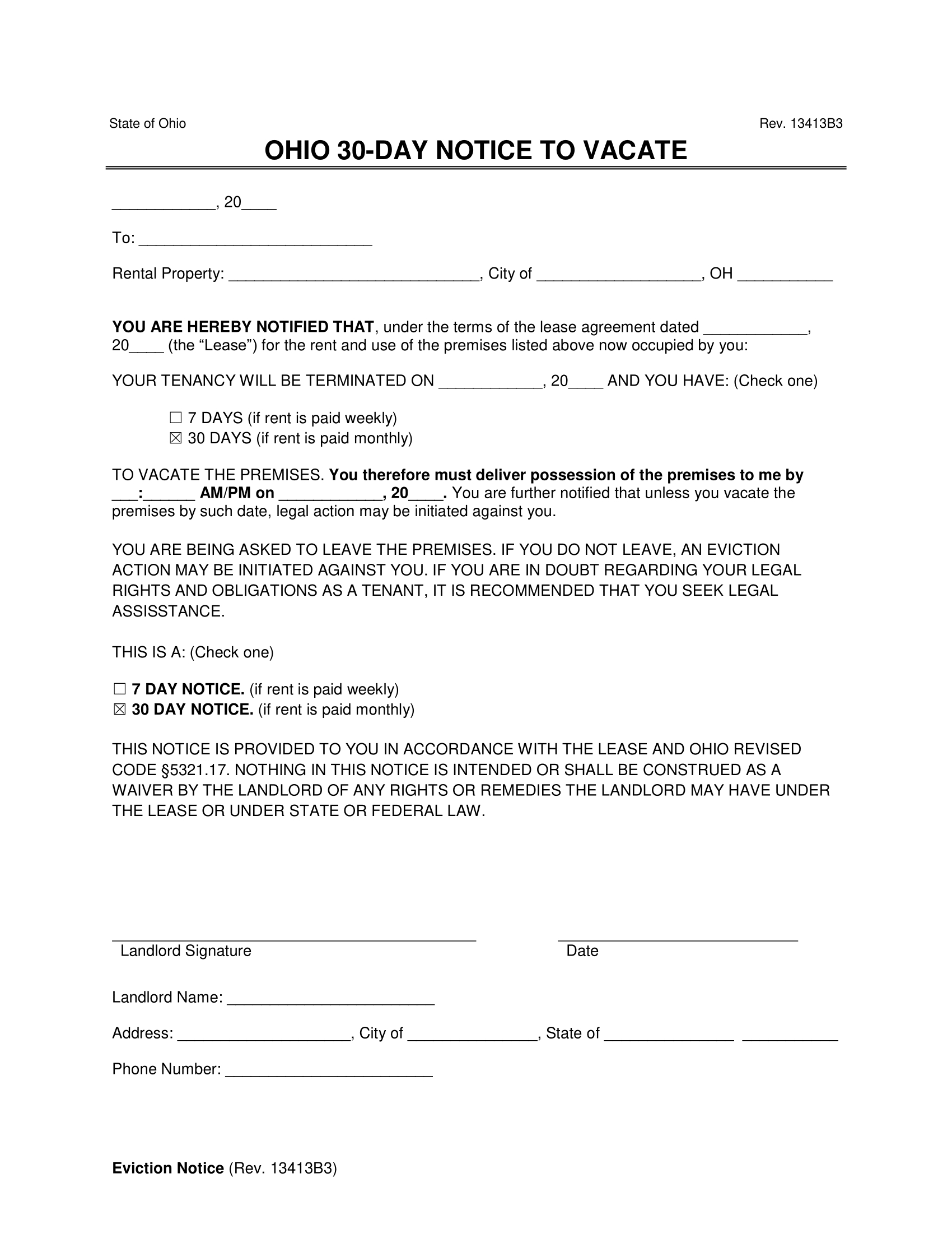 Free Ohio Lease Termination Letter Form | 30-Day Notice for Free Printable Eviction Notice Ohio