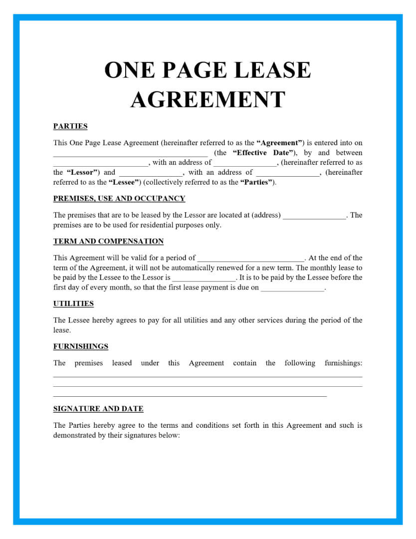 Free One Page Lease Agreement Templates for Free Printable Lease Agreement Forms