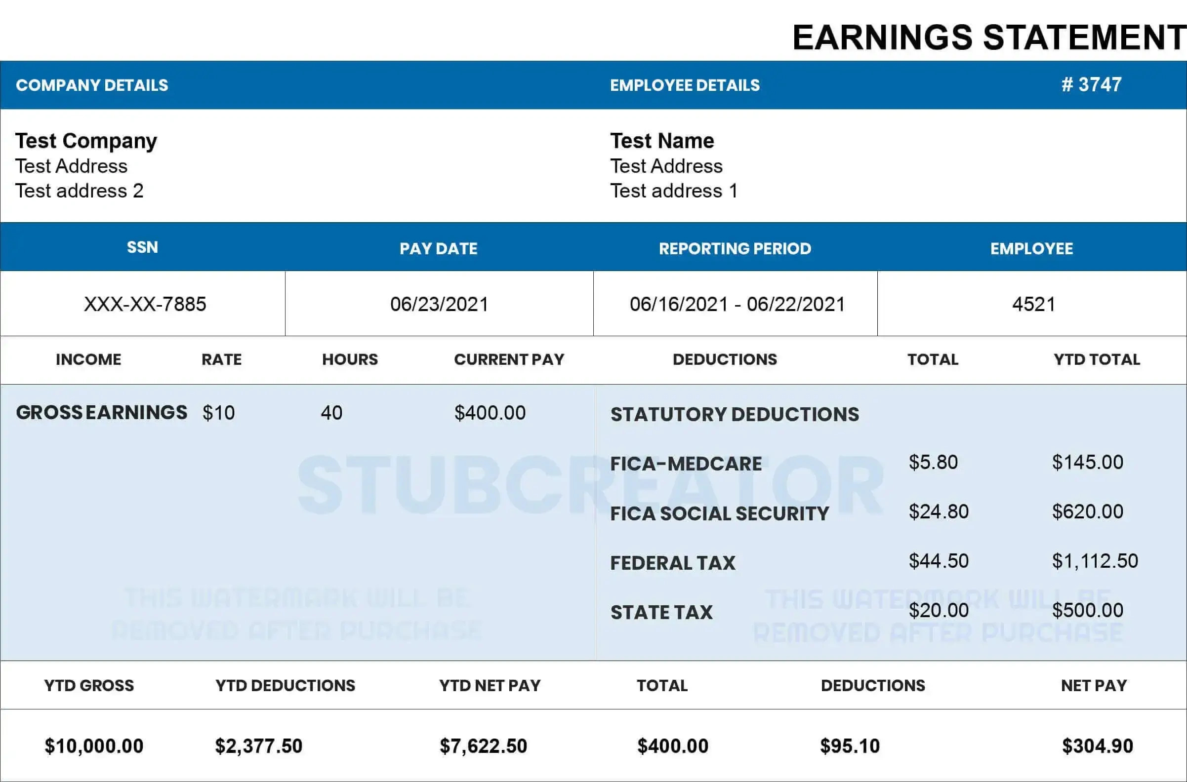 Free Pay Stub Template With Calculator | No Watermark | Download with regard to Free Printable Check Stubs Download