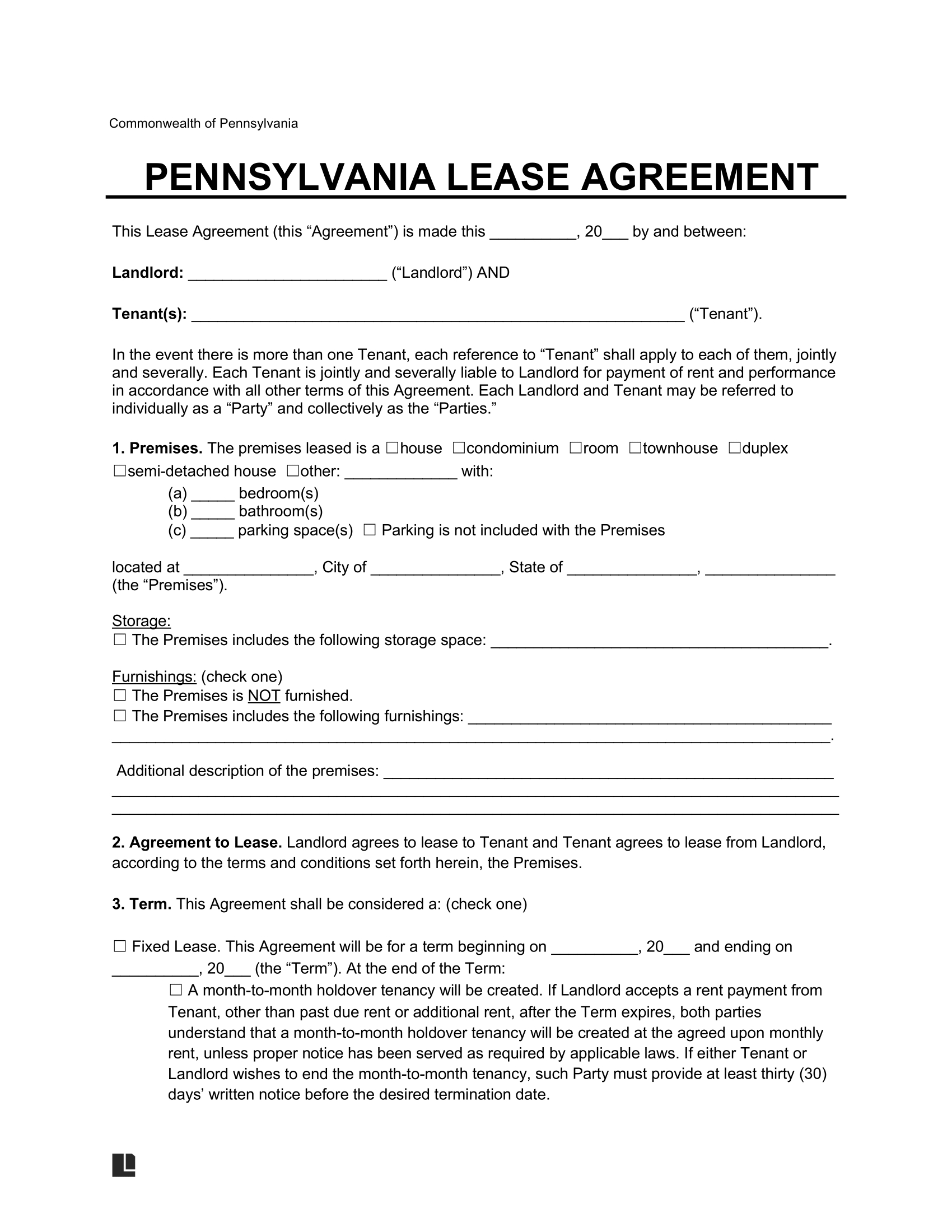 Free Pennsylvania Lease Agreement Templates (6) | Pdf & Word for Free Printable Lease Agreement Pa