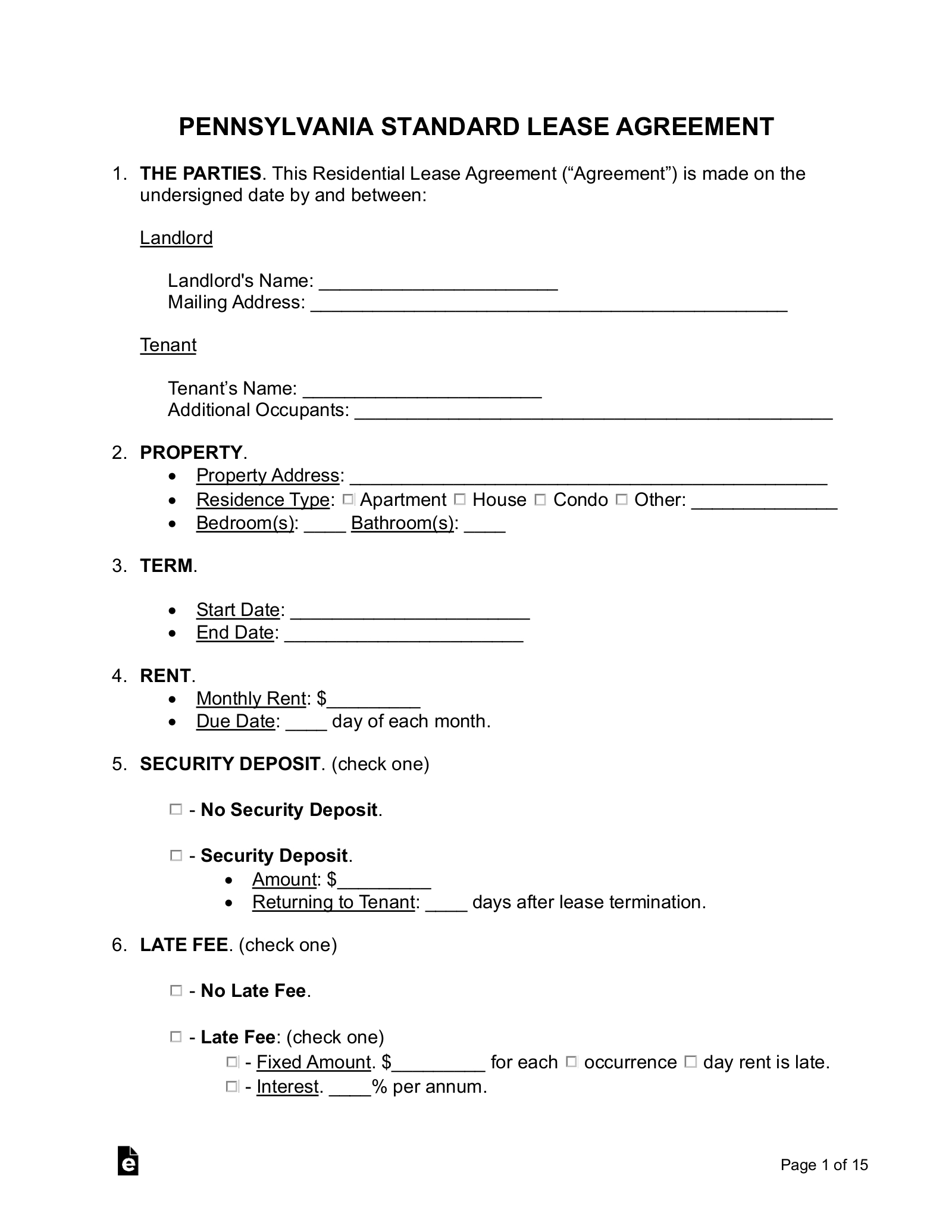 Free Pennsylvania Standard Residential Lease Agreement Template regarding Free Printable Lease Agreement Pa