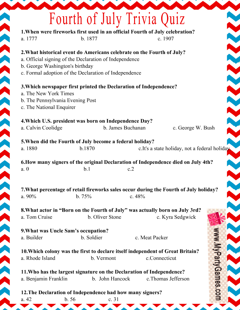 Free Printable 4Th Of July Usa Independence Day Trivia Quiz for Free Printable 4Th Of July Trivia Questions And Answers