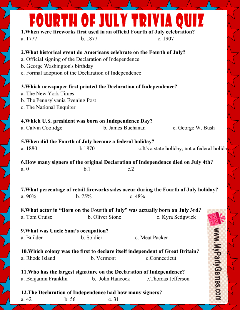 Free Printable 4Th Of July Usa Independence Day Trivia Quiz regarding Free Printable 4Th Of July Trivia Questions And Answers