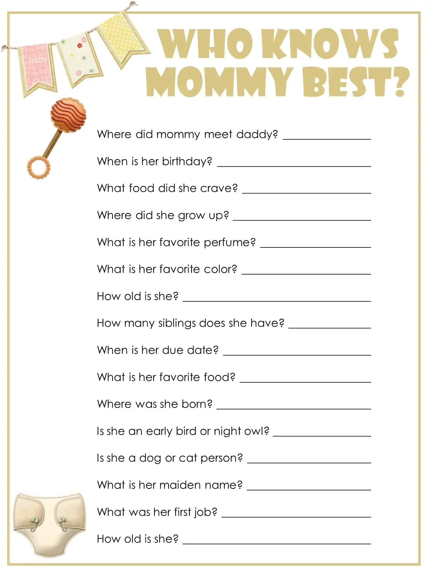Free Printable Baby Shower Games | Instant Download with regard to Who Knows Mommy And Daddy Best Free Printable