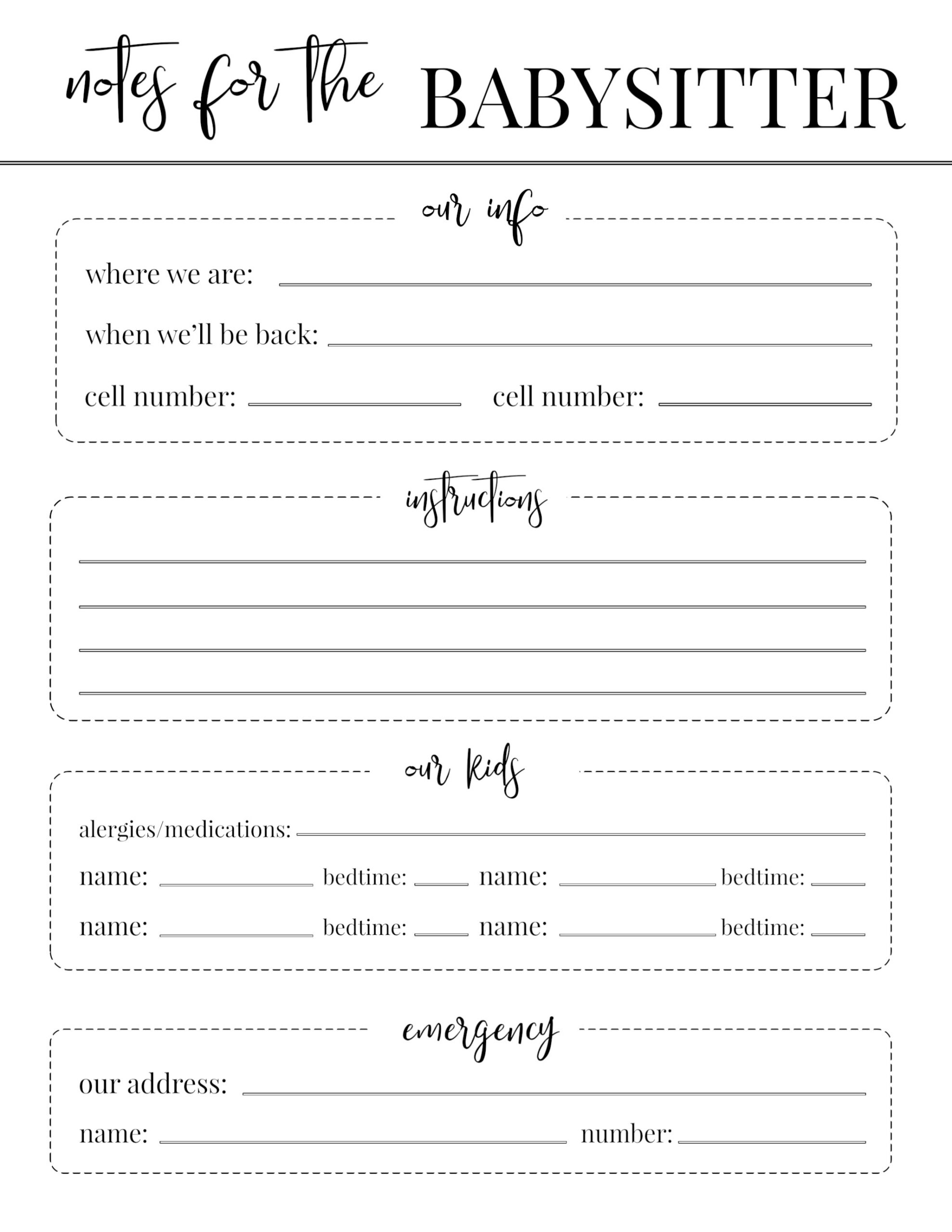 Free Printable Babysitter Notes Template - Paper Trail Design for Babysitter Notes Free Printable