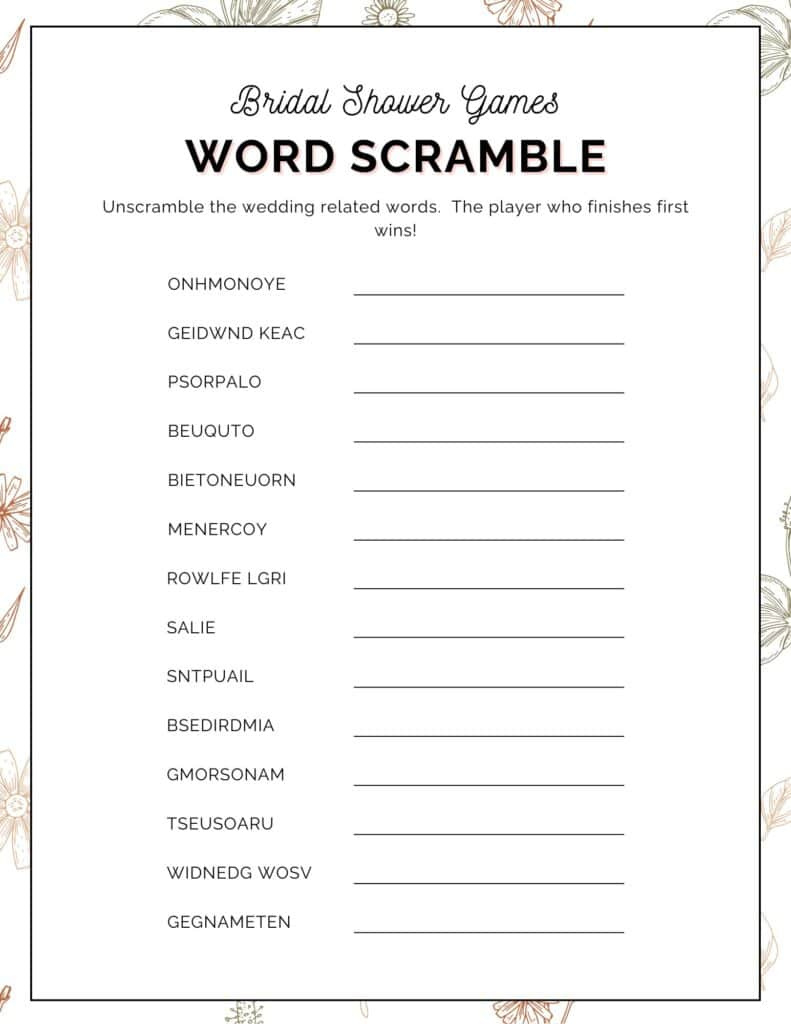 Free Printable Bridal Shower Word Scramble Game for Free Printable Bridal Shower Games Word Scramble