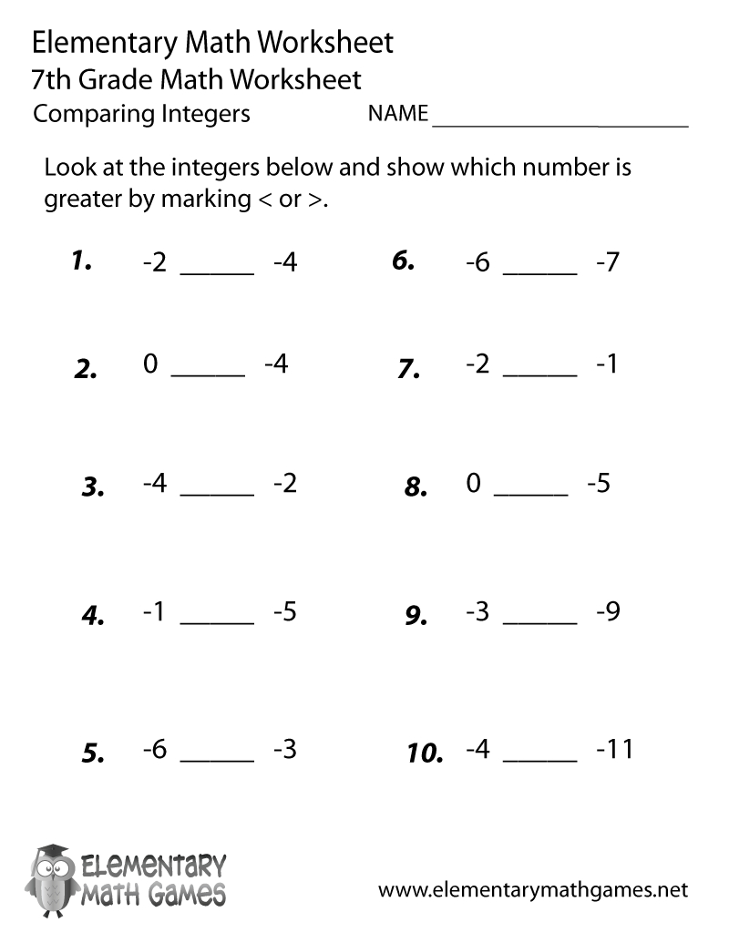Free Printable Comparing Integers Worksheet For Seventh Grade with Free Printable Integer Worksheets Grade 7