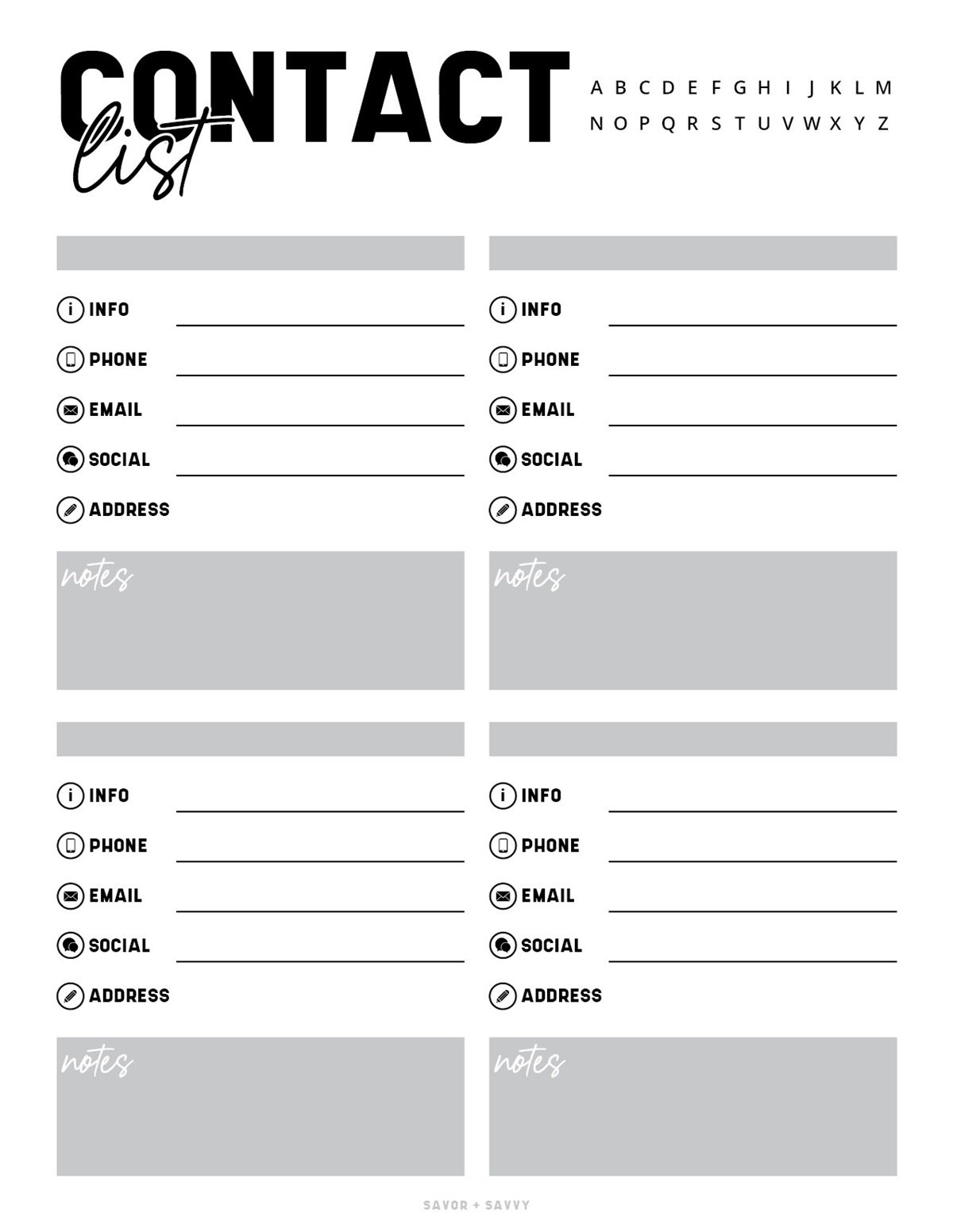 Free Printable Contact List Templates - Savor + Savvy with regard to Free Printable Contact List