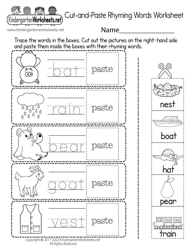 Free Printable Cut-And-Paste Rhyming Words Worksheet pertaining to Free Printable Rhyming Words