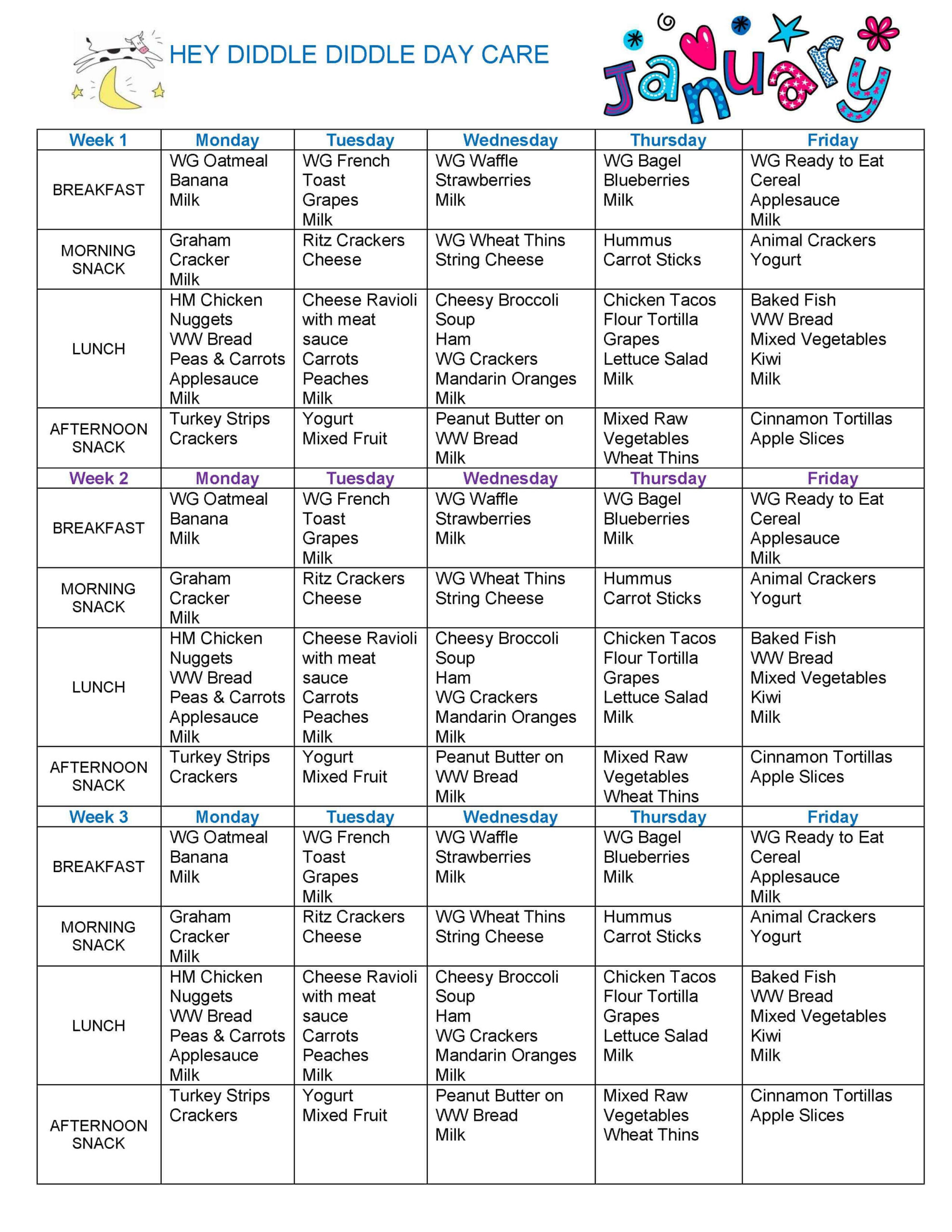 Free Printable Daycare Menus with regard to Free Printable Daycare Menus