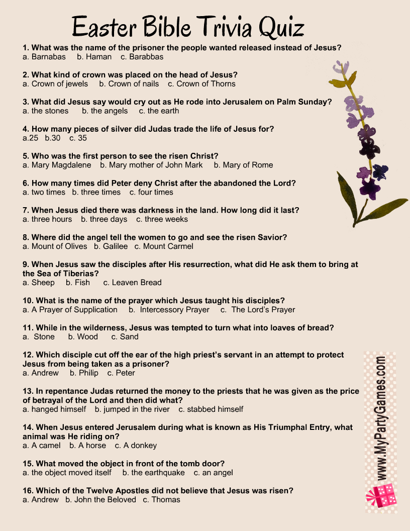 Free Printable Easter Bible Trivia Quiz With Answer Key pertaining to Free Printable Bible Trivia Questions And Answers