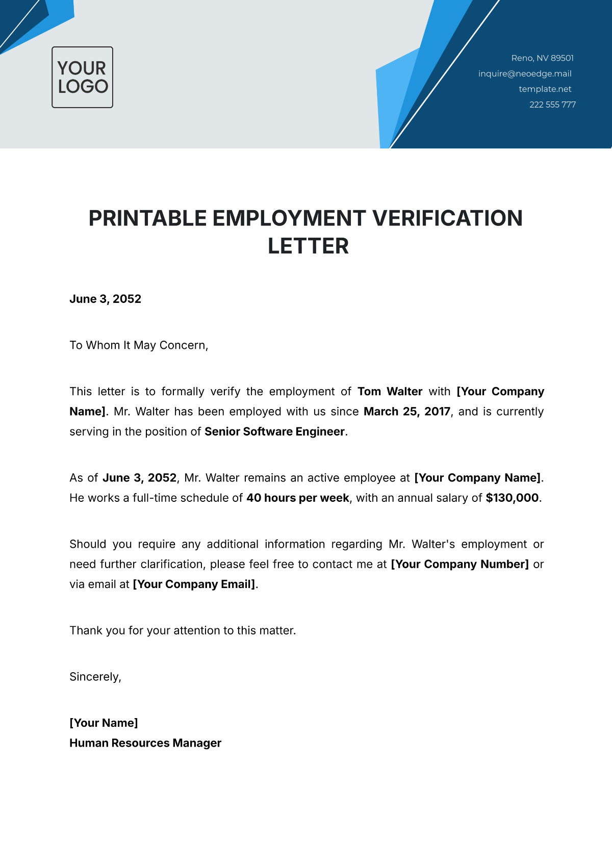 Free Printable Employment Verification Letter Template To Edit Online throughout Free Printable Employment Verification Letter