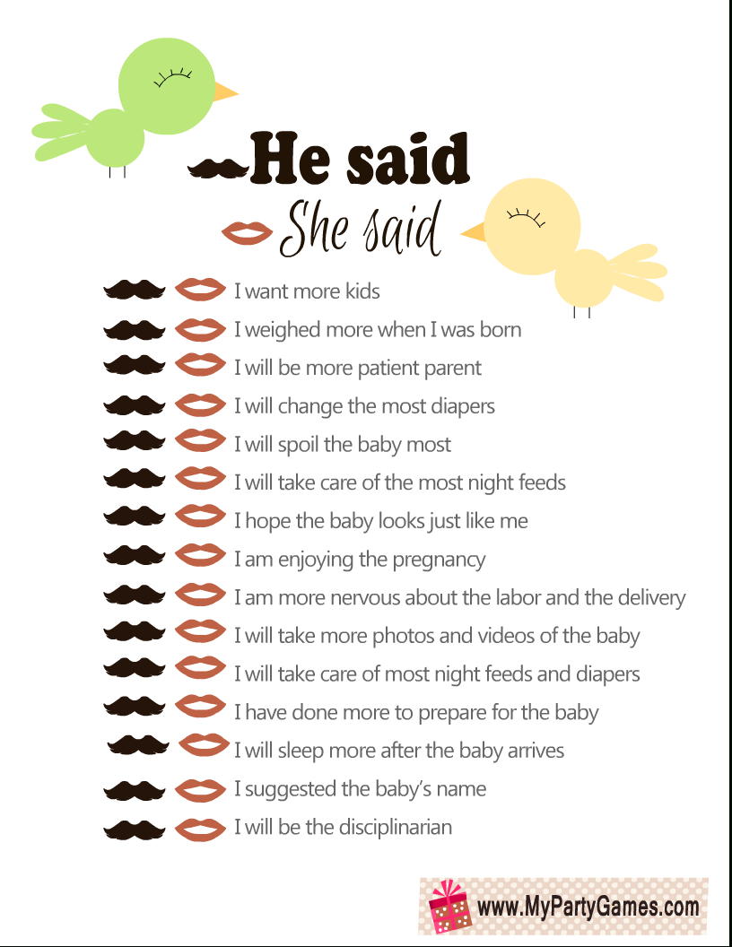 Free Printable He Said, She Said Baby Shower Game pertaining to Free Printable Baby Shower Games With Answer Key