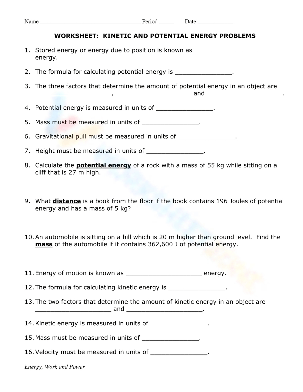 Free Printable Kinetic &Amp; Potential Energy Worksheets throughout Free Printable Worksheets On Potential And Kinetic Energy