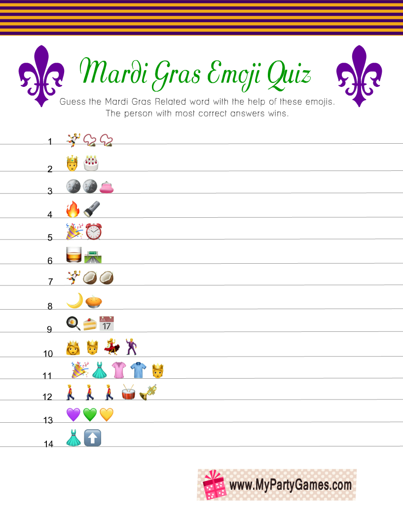 Free Printable Mardi Gras Emoji Quiz With Answer Key pertaining to Free Printable Mardi Gras Games