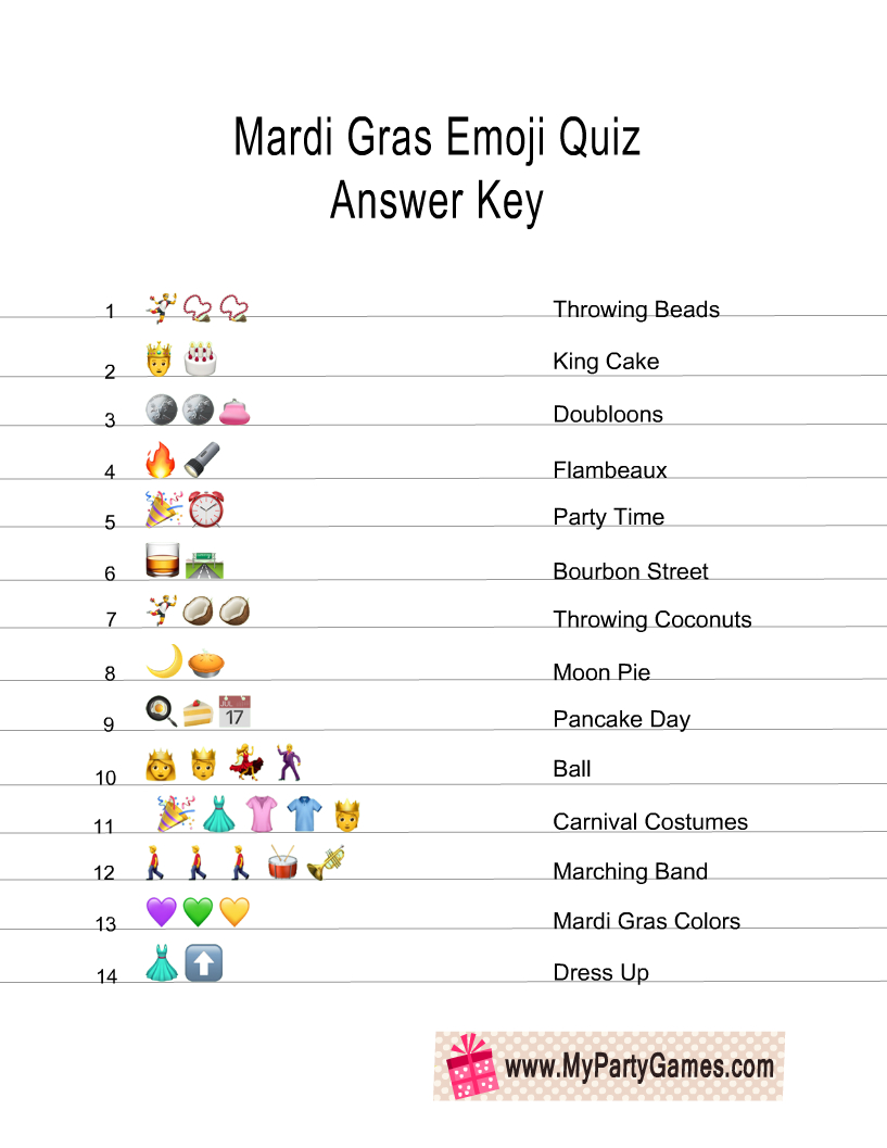 Free Printable Mardi Gras Emoji Quiz With Answer Key within Free Printable Mardi Gras Games