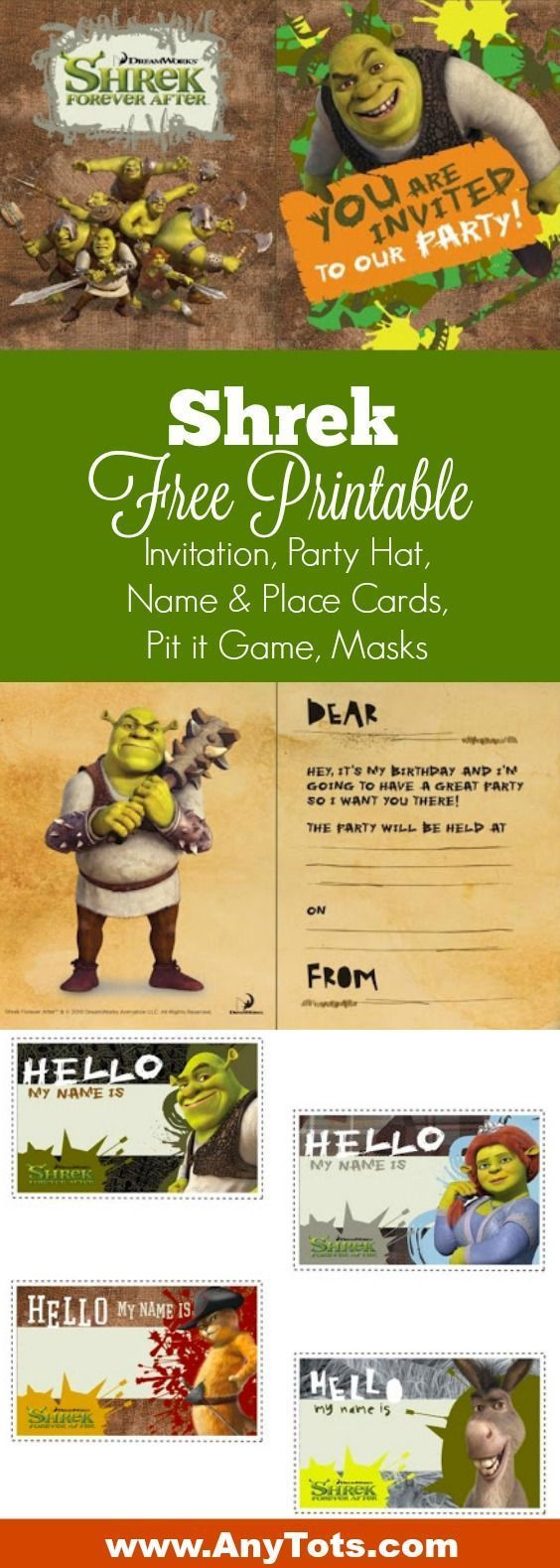 Free Printable Shrek Birthday Party: Invitation, Game, Party Hat intended for Free Printable Shrek Invitations