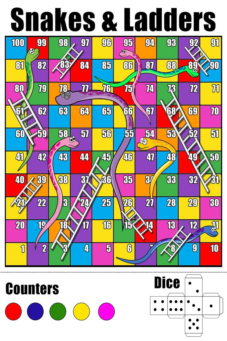 Free Printable Snakes & Ladders Game Template With Counters inside Free Snakes And Ladders Printable