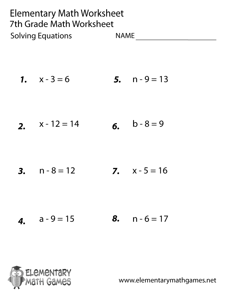 Free Printable Solving Equations Worksheet For Seventh Grade throughout Free Printable 7Th Grade Math Worksheets
