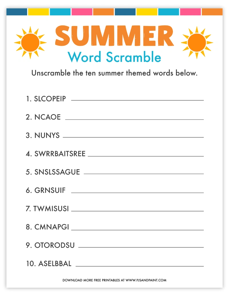 Free Printable Summer Word Scramble - Pjs And Paint for Free Printable Summer Games
