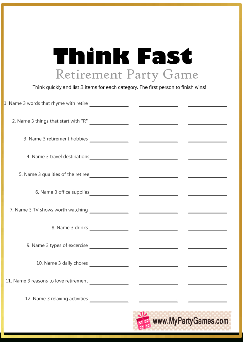 Free Printable Think Fast Game For Retirement Party within Retirement Party Games Free Printable