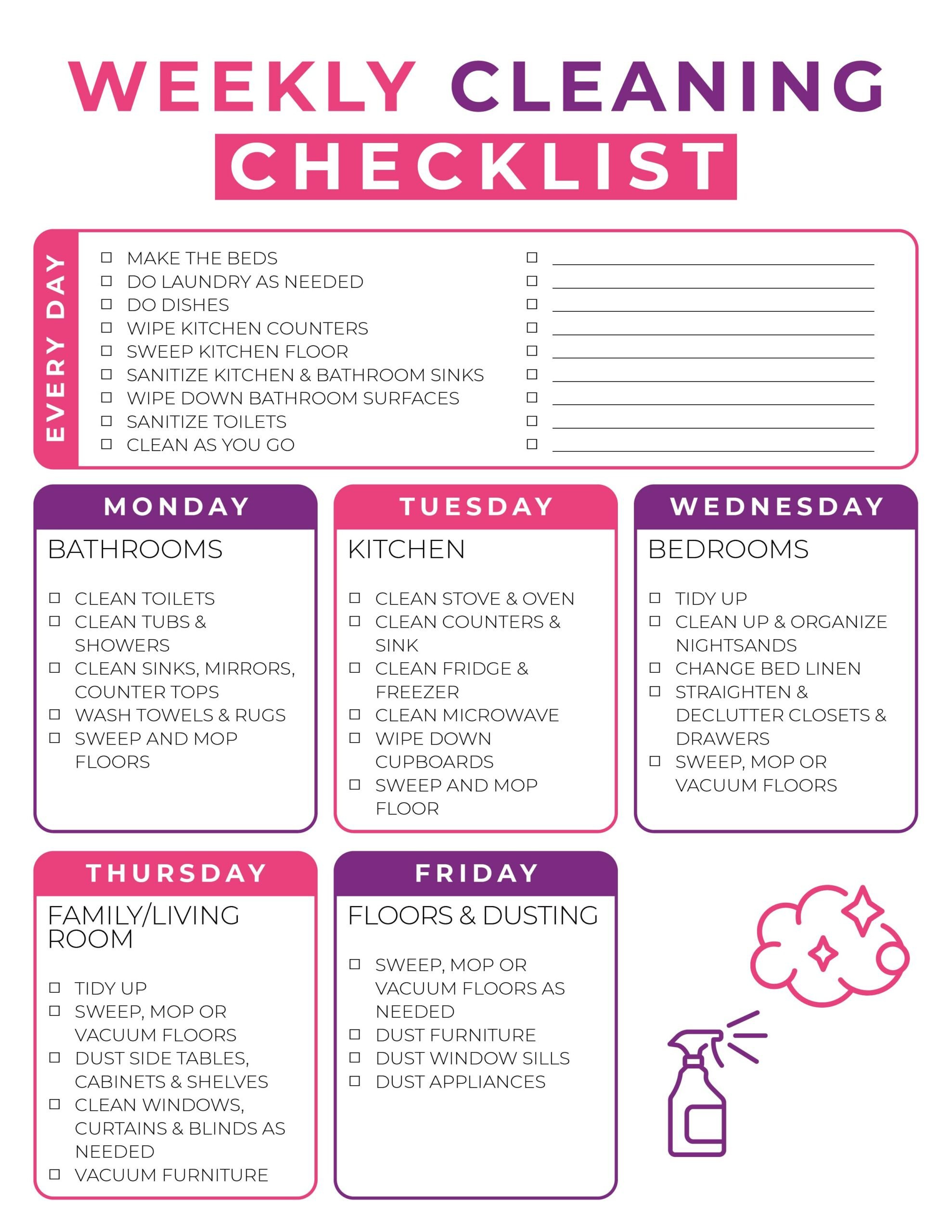 Free Printable Weekly Cleaning Checklist {Instant Pdf Download regarding Free Printable Daily Cleaning Checklist