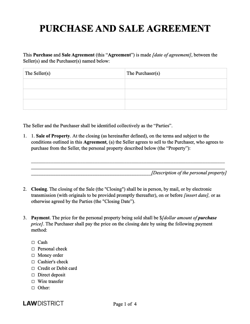 Free Purchase And Sale Agreement | Pdf & Word Form | Lawdistrict for Free Printable Real Estate Purchase Agreement Pdf