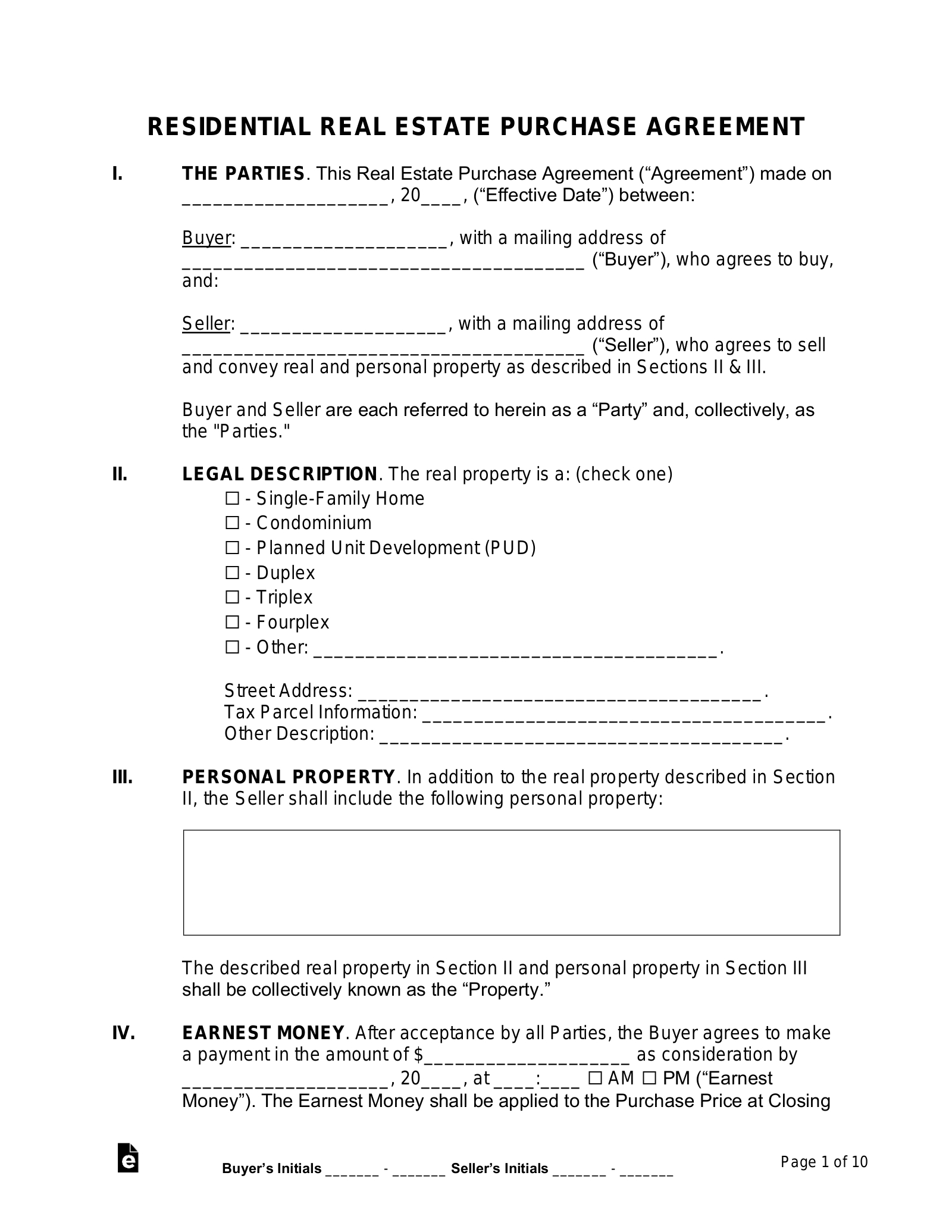 Free Purchase And Sale Agreement Template - Pdf | Word – Eforms in Free Printable Real Estate Purchase Agreement