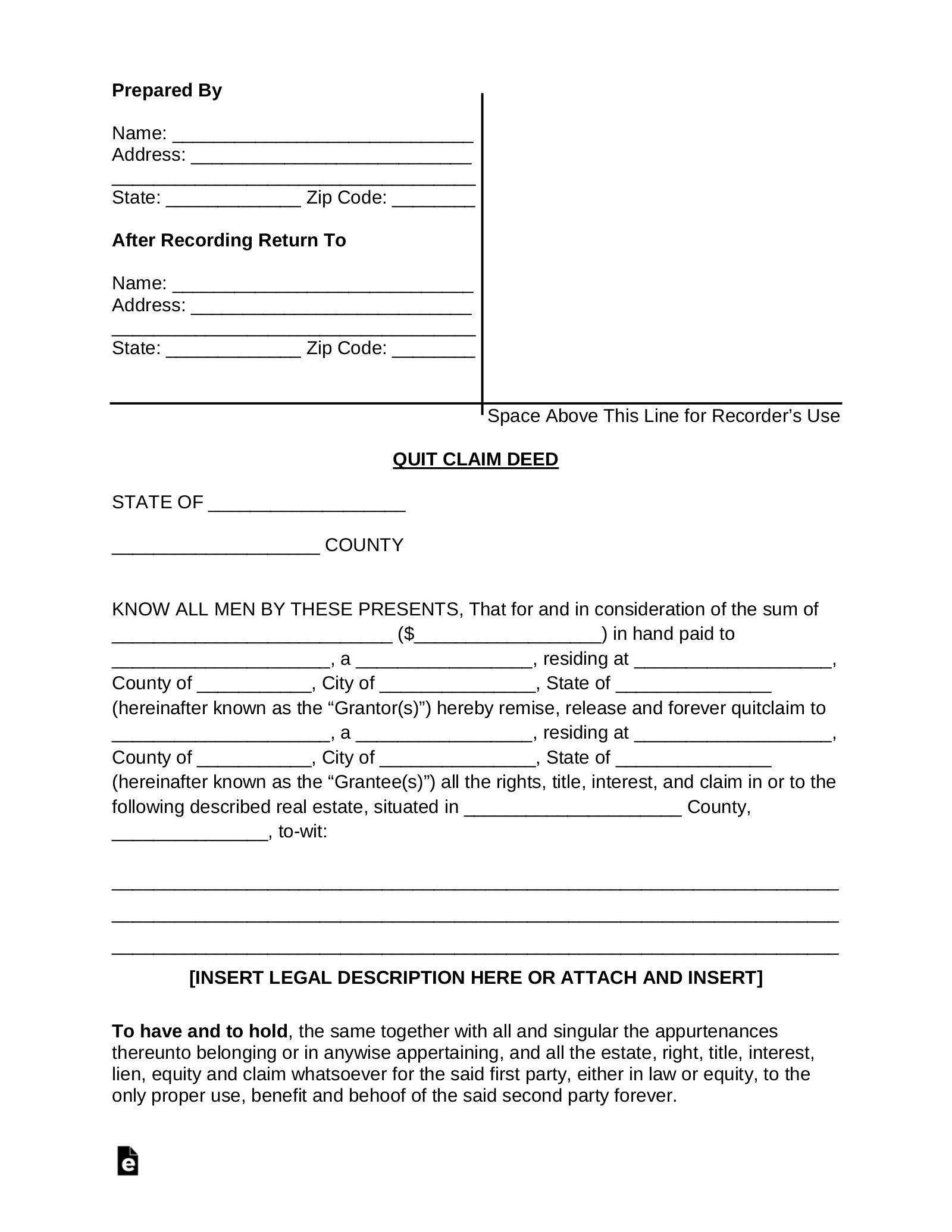 Free Quit Claim Deed Form - Pdf | Word – Eforms inside Free Printable Quit Claim Deed Form
