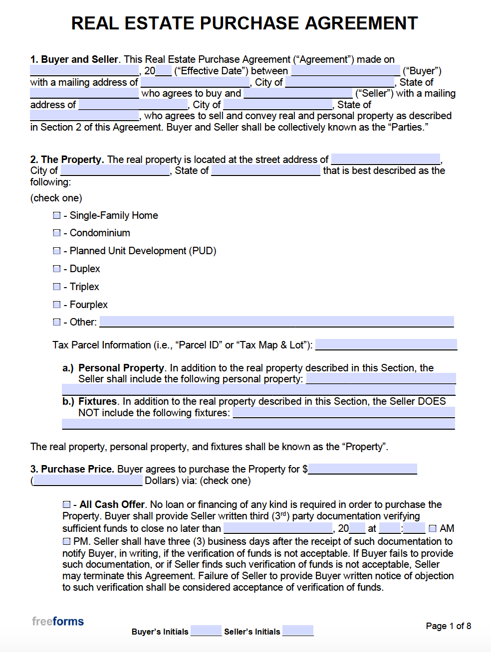 Free Real Estate Purchase Agreements | Pdf | Word within Free Printable Real Estate Purchase Agreement