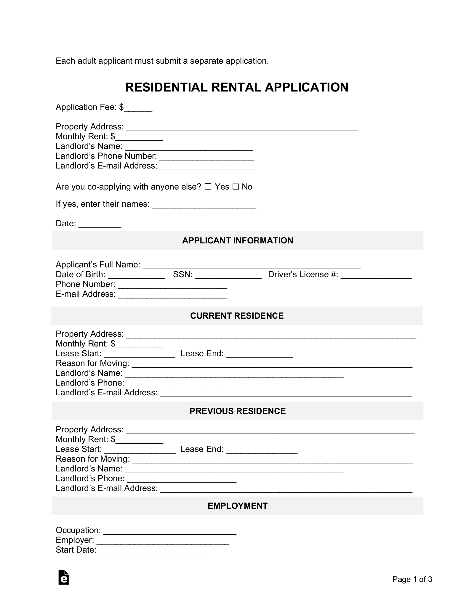 Free Rental Application Form - Pdf | Word – Eforms pertaining to Free Printable Rental Application Form