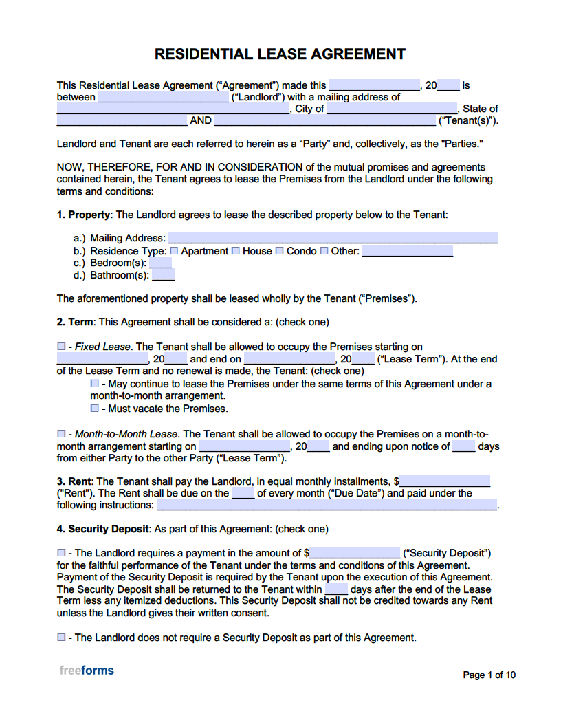 Free Rental / Lease Agreement Templates | Pdf | Word in Free Printable Lease Agreement Forms