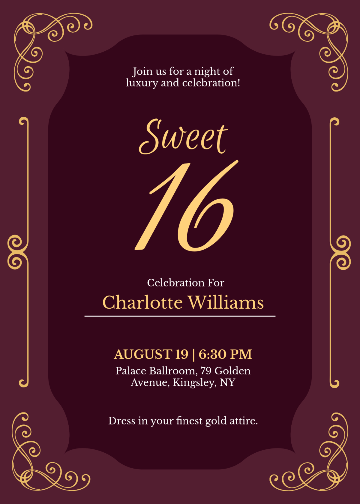 Free Royal Gold Sweet 16 Invitation Template To Edit Online throughout Free Printable Sweet 16 Birthday Party Invitations