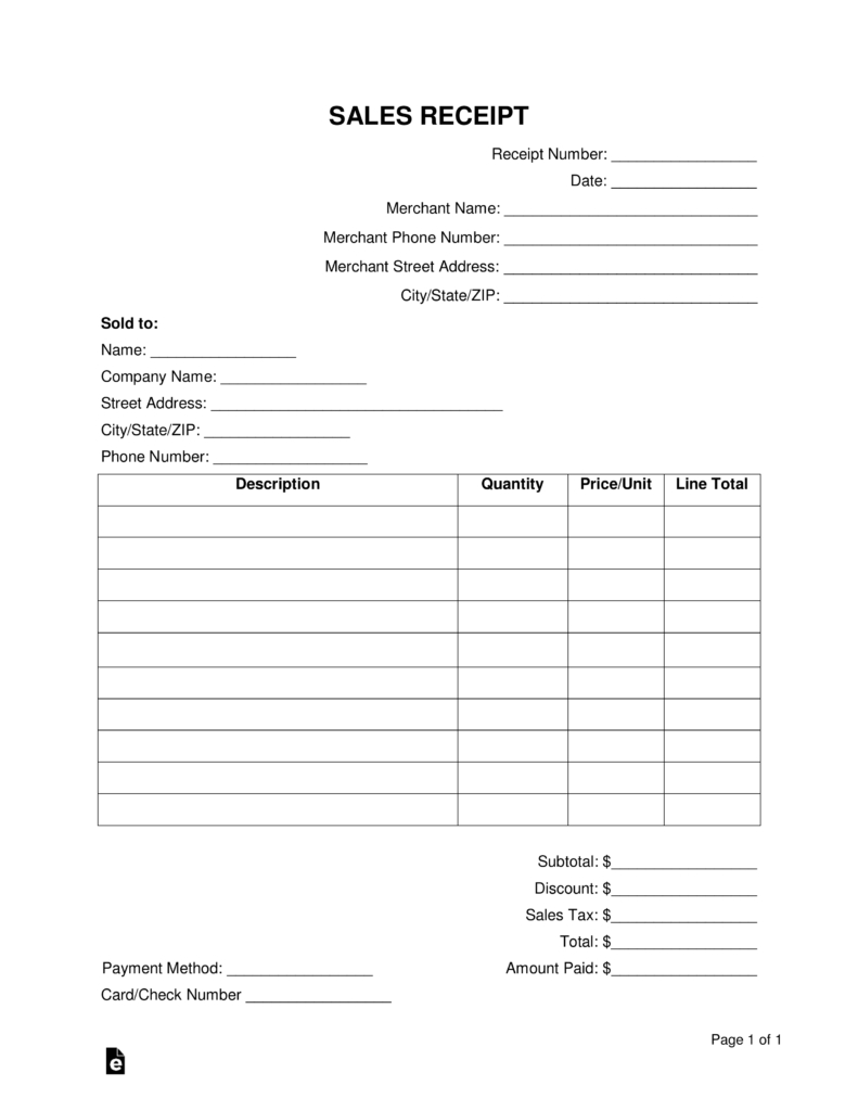 Free Sales Receipt Template - Pdf | Word – Eforms for Free Printable Sales Receipts Online