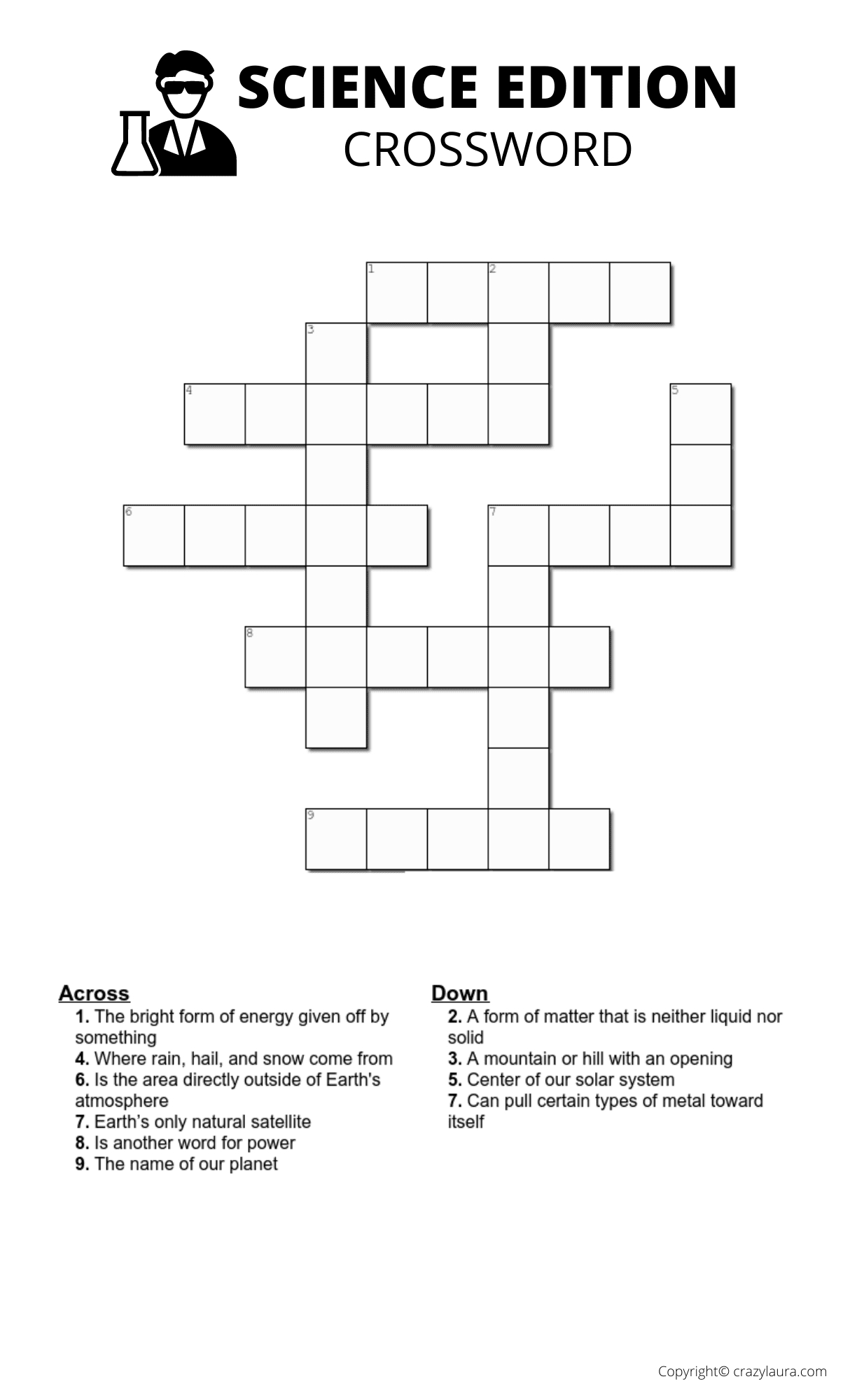 Free Science Crossword Printable Game Sheets - Crazy Laura inside Free Printable Science Crossword Puzzles