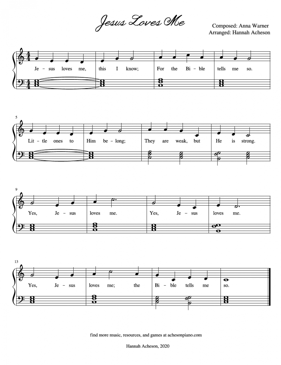 Free Score: Jesus Loves Me (Easy Piano) - Acheson Piano intended for Free Printable Gospel Sheet Music For Piano