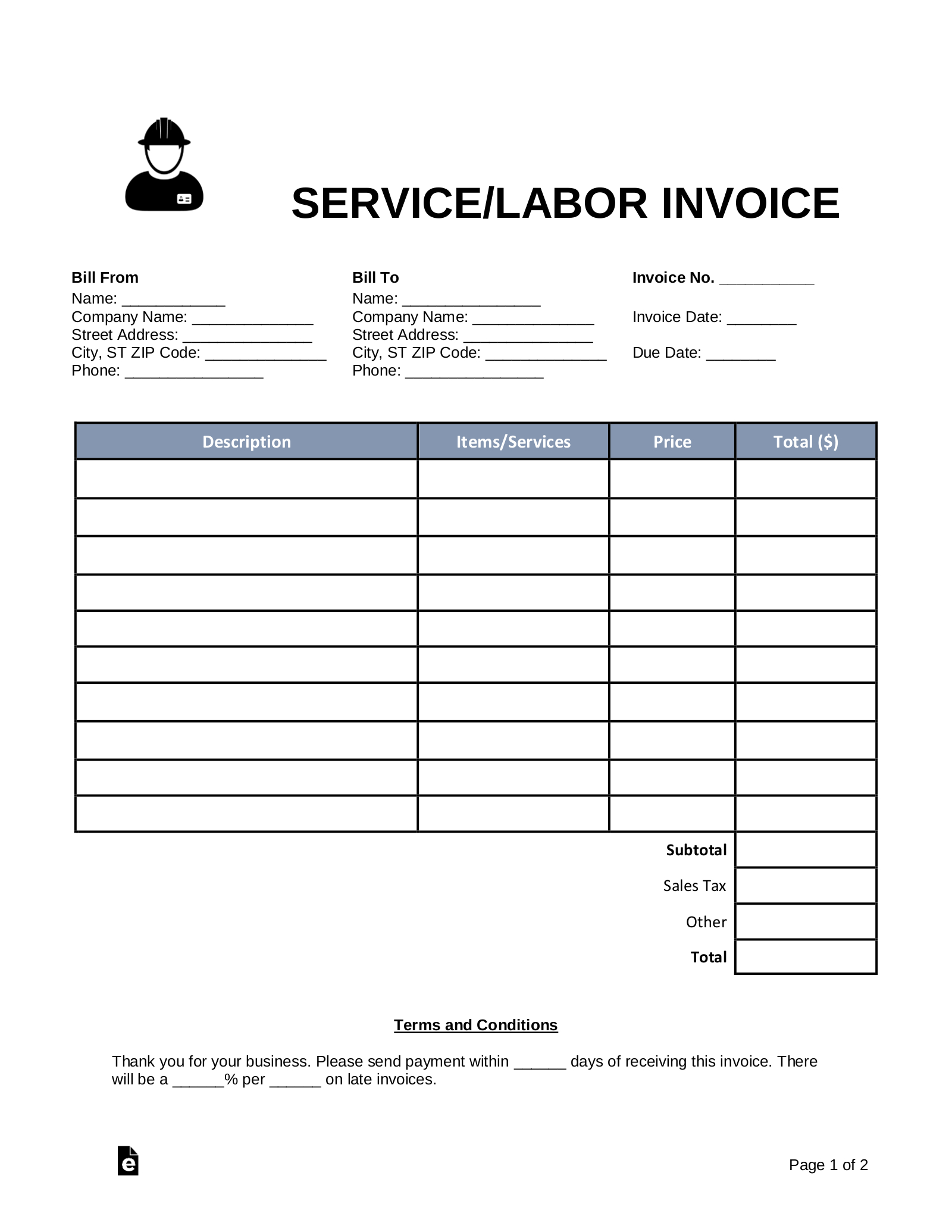 Free Service/Labor Invoice Template - Pdf | Word – Eforms inside Free Printable Work Invoices