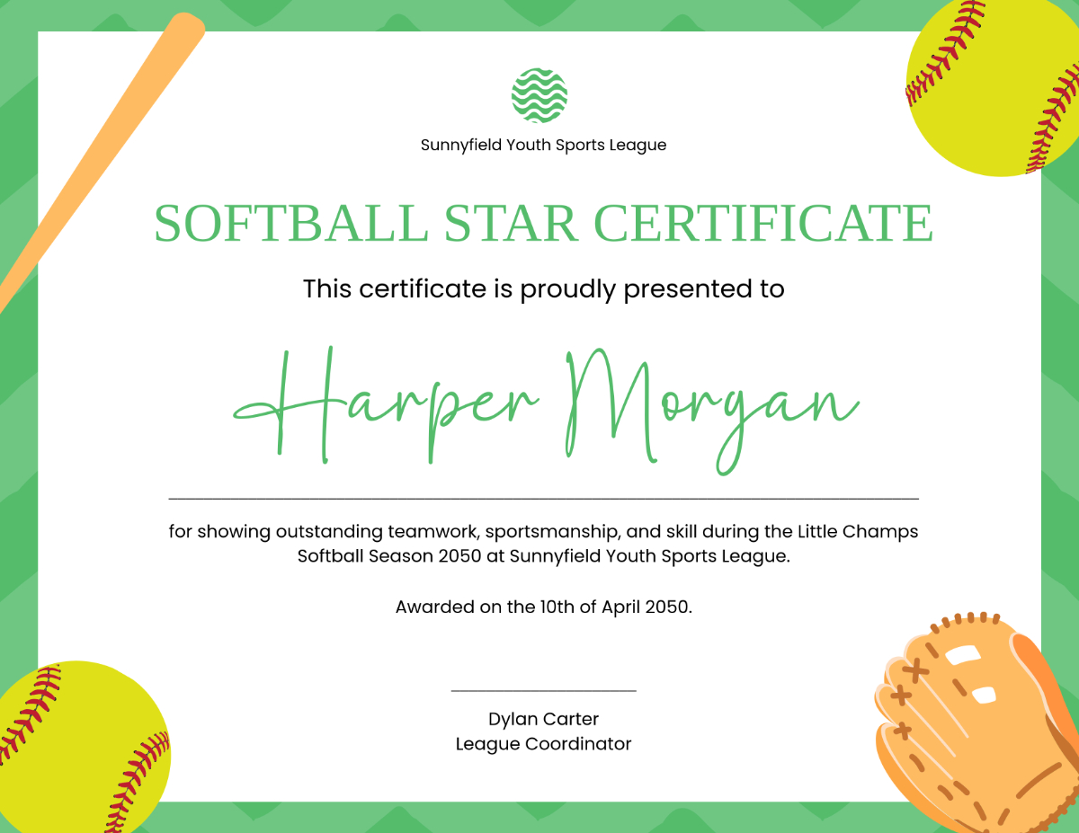 Free Softball Certificate For Kids Template To Edit Online with regard to Free Printable Softball Award Certificates