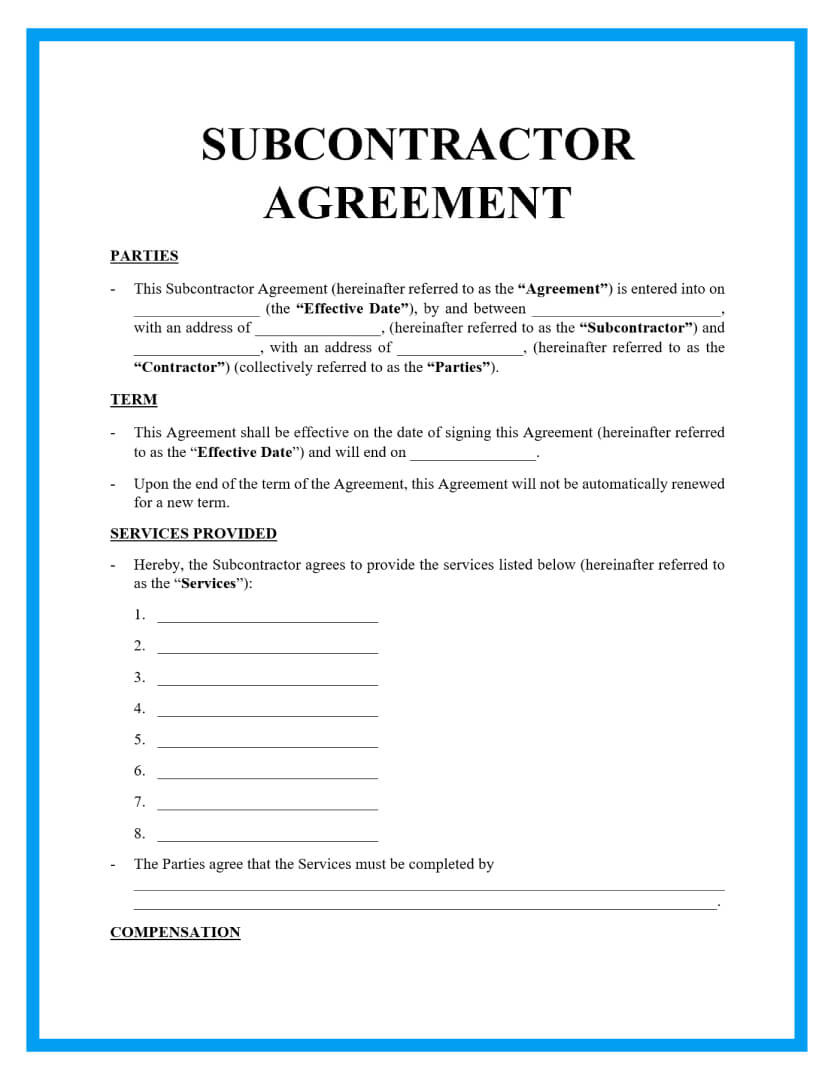 Free Subcontrator Agreement Template For Download for Free Printable Subcontractor Agreement