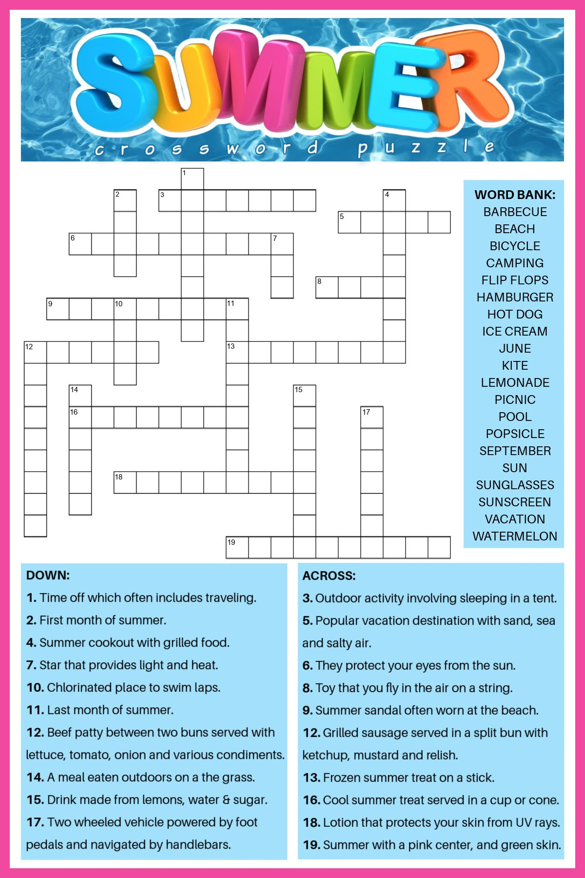 Free Summer Crossword Puzzle (2 Versions) - Answers Included for Summer Crossword Puzzle Free Printable