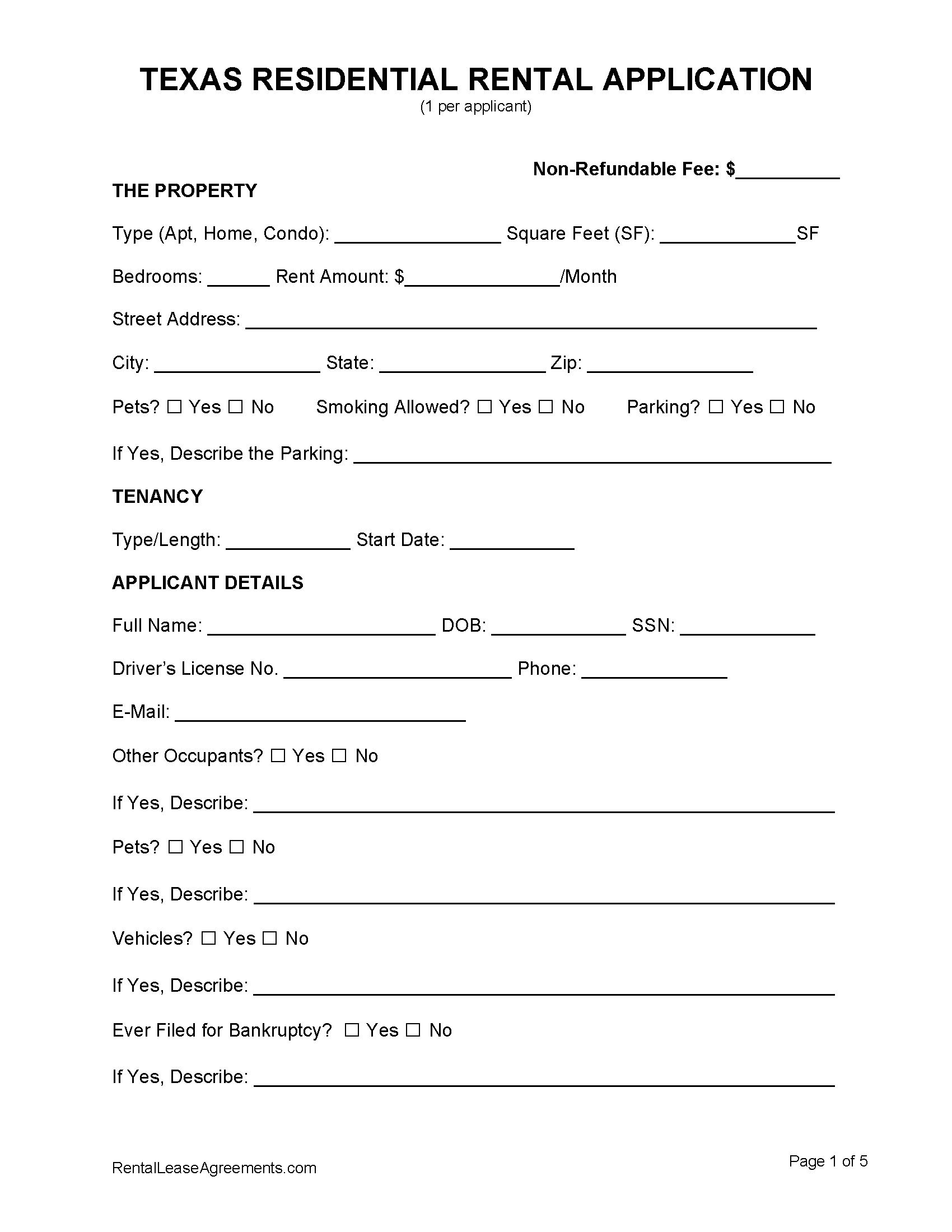 Free Texas Rental Application | Pdf - Ms Word in Free Printable Rental Application Form