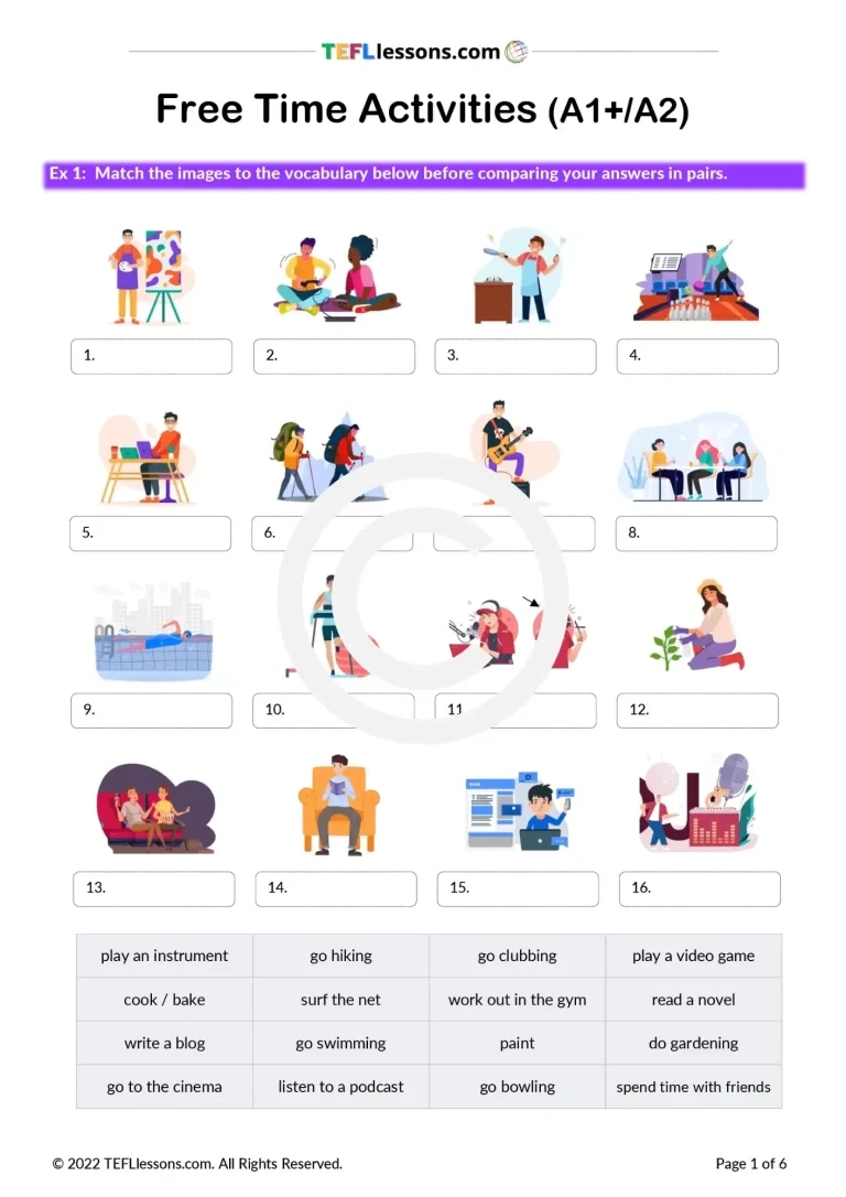 Free Time Activities Lesson - Tefl Lessons - Tefllessons | Esl within Free Printable Esl Resources