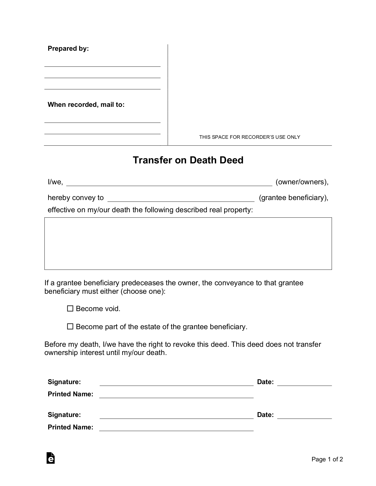 Free Transfer On Death Deed - Pdf | Word – Eforms in Free Printable Beneficiary Deed