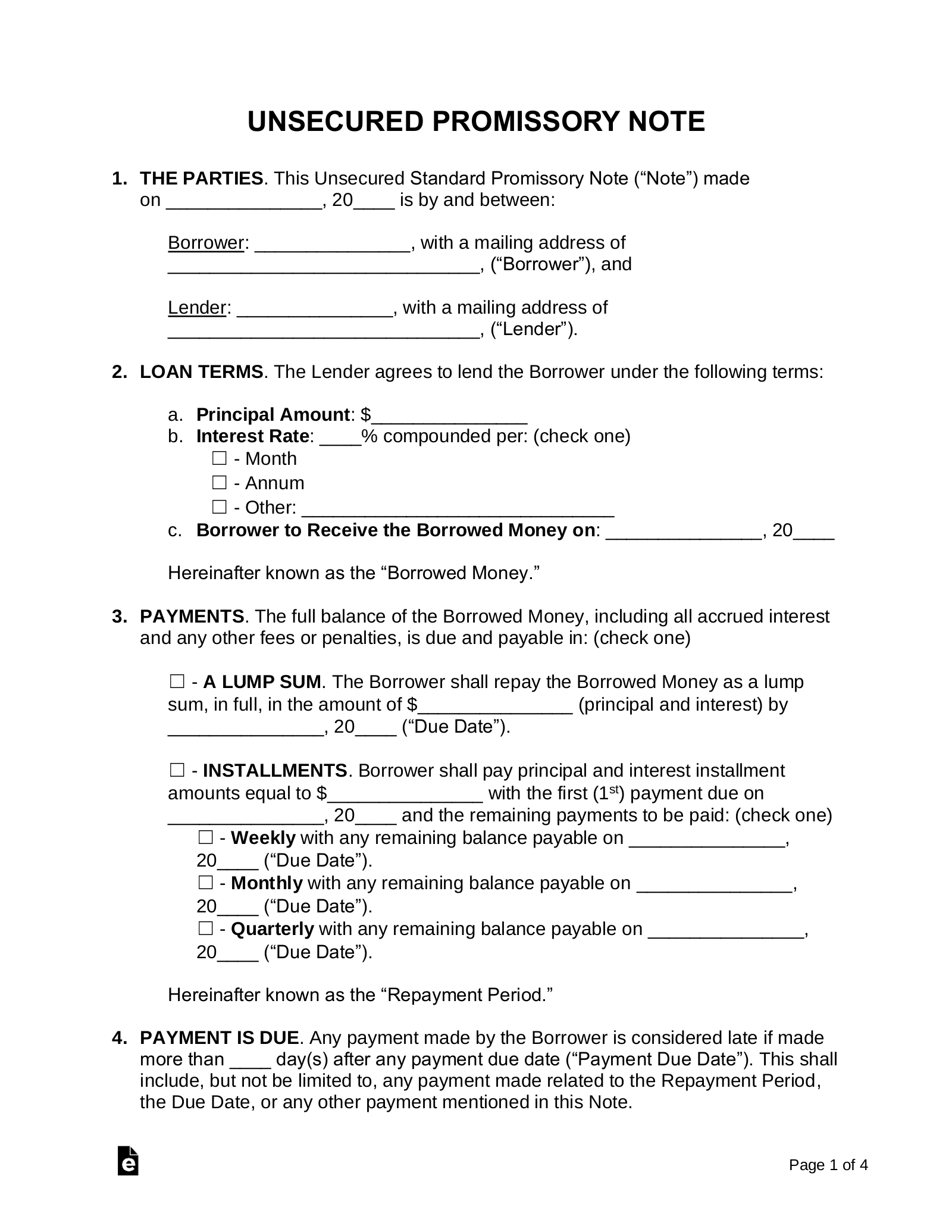 Free Unsecured Promissory Note Template - Pdf | Word – Eforms within Free Printable Promissory Note Pdf