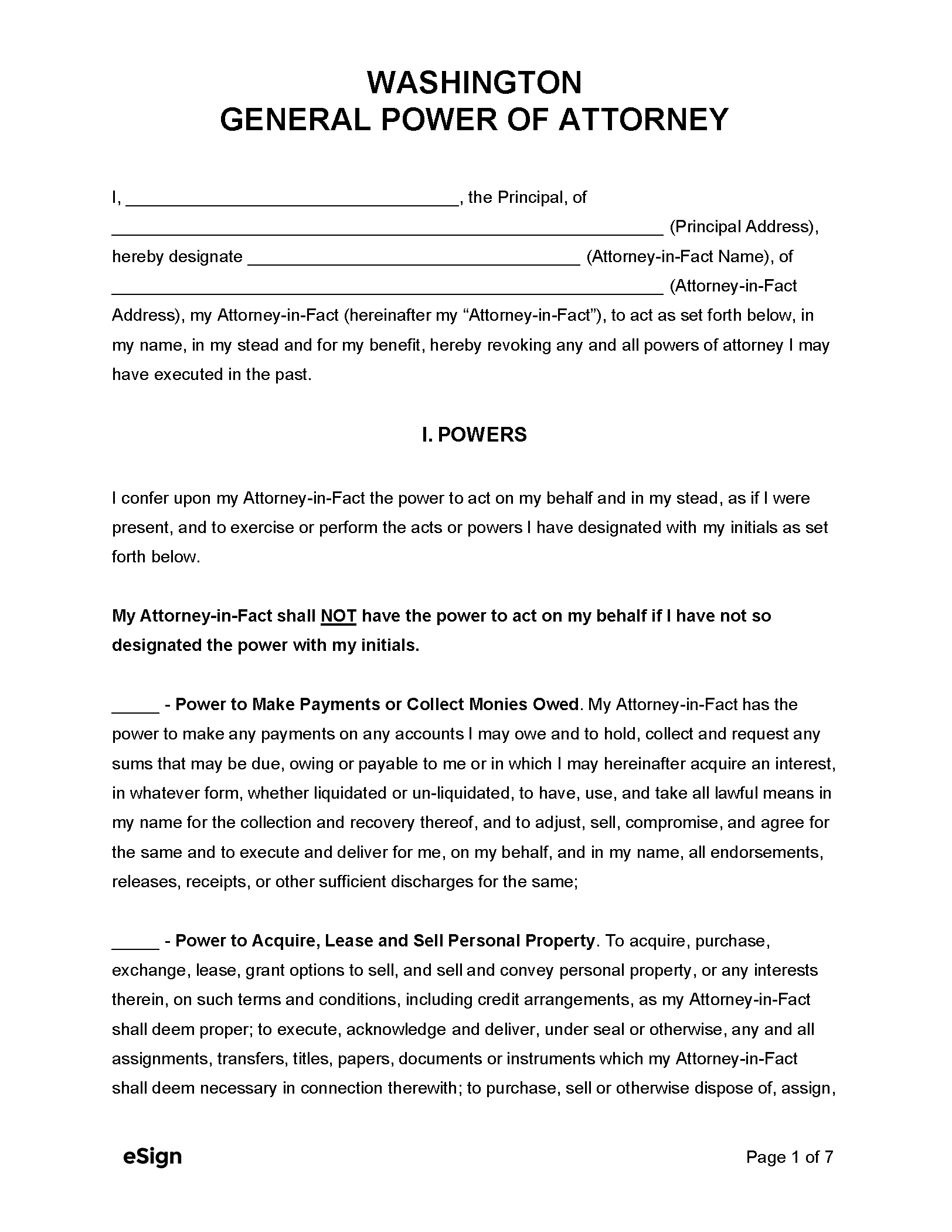 Free Washington General Power Of Attorney Form | Pdf | Word pertaining to Free Printable Power Of Attorney Form Washington State