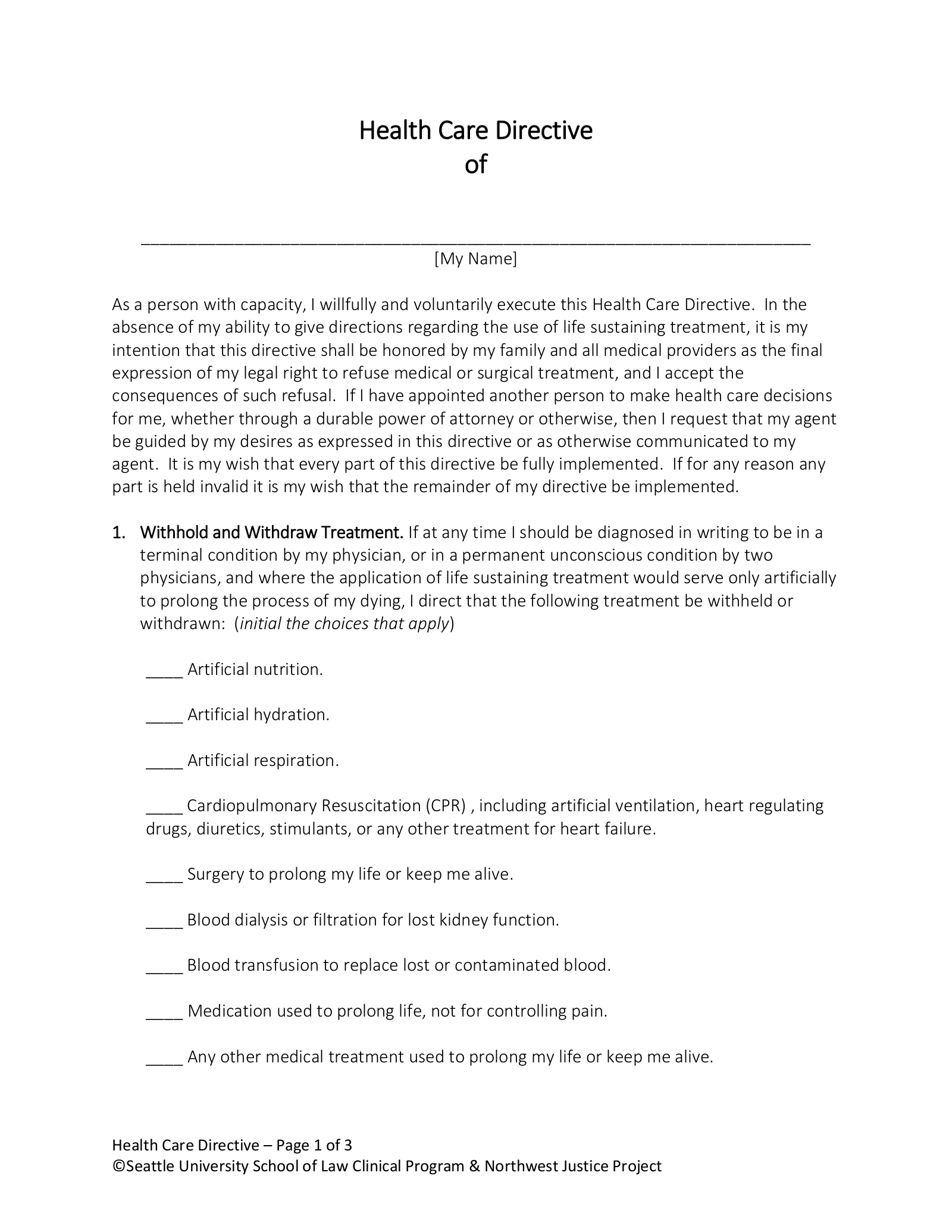 Free Washington Living Will Form Template - Pdf – Eforms with regard to Free Printable Living Will Forms Washington State