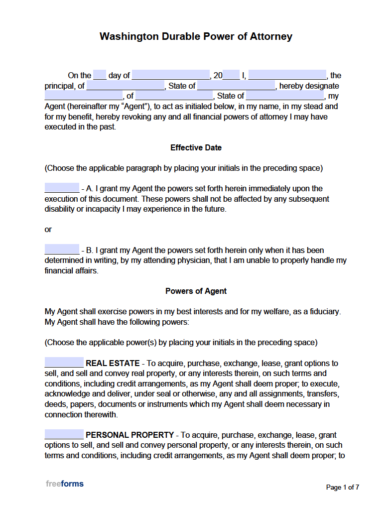 Free Washington Power Of Attorney Forms | Pdf | Word in Free Printable Power Of Attorney Form Washington State
