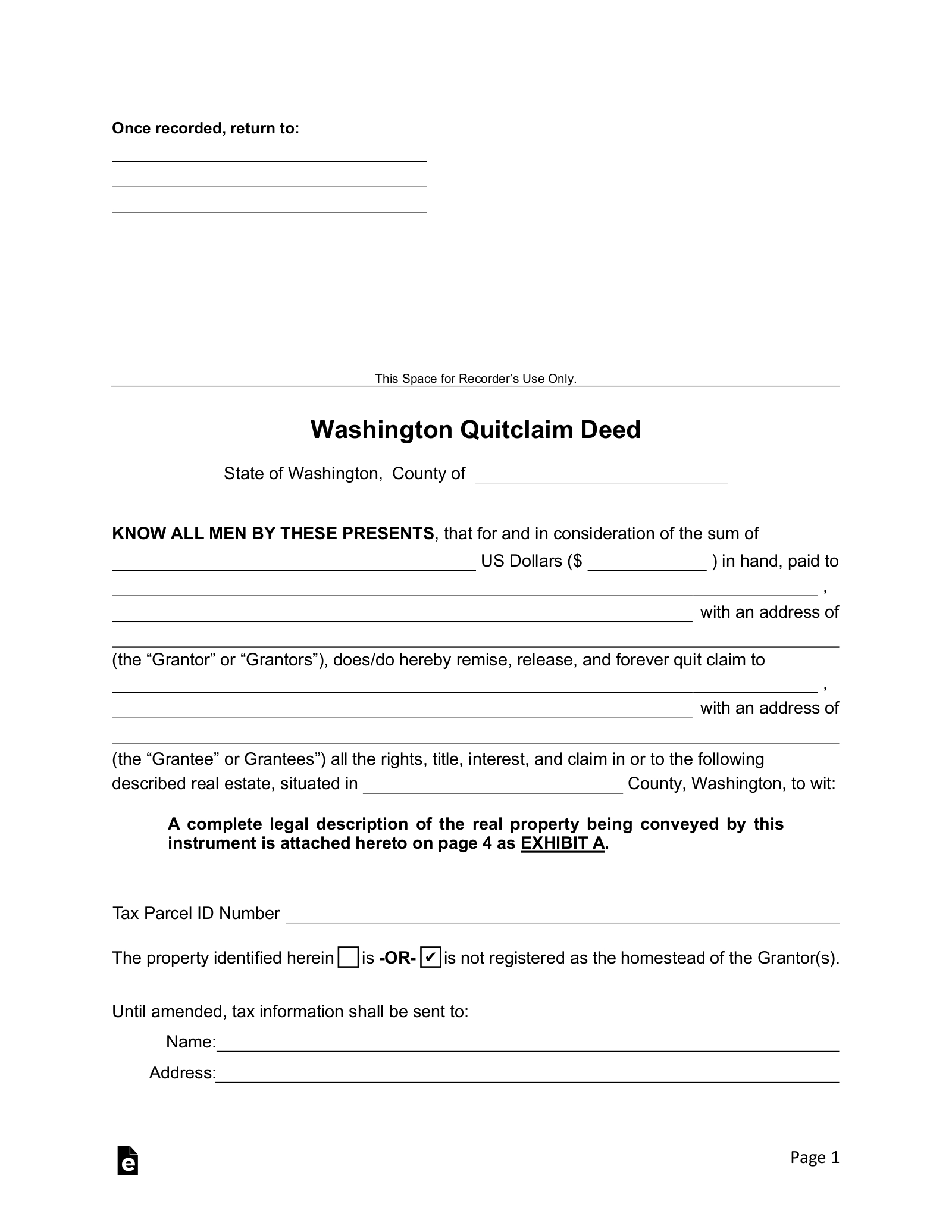 Free Washington Quit Claim Deed Form - Pdf | Word – Eforms in Free Printable Quit Claim Deed Washington State Form