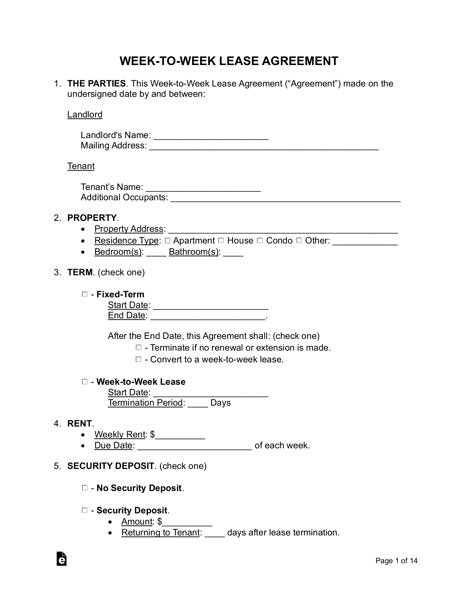Free Week-To-Week (Weekly) Lease Agreement Template - Pdf | Word within Free Printable Lease